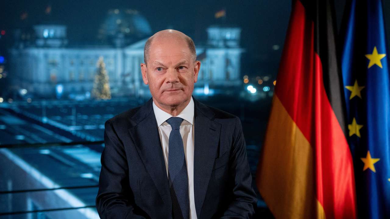 German Chancellor Olaf Scholz records his New Year's speech at the chancellery in Berlin