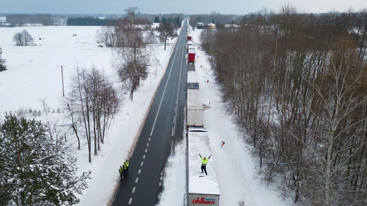 FILE PHOTO: Trucks stuck in queue border at crossing with Ukraine, as Polish truckers protest