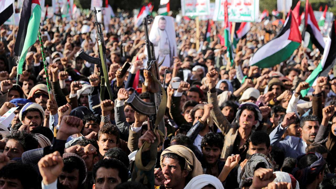 FILE PHOTO: Houthi supporters rally after U.S. and Britain carry out strikes against Houthis