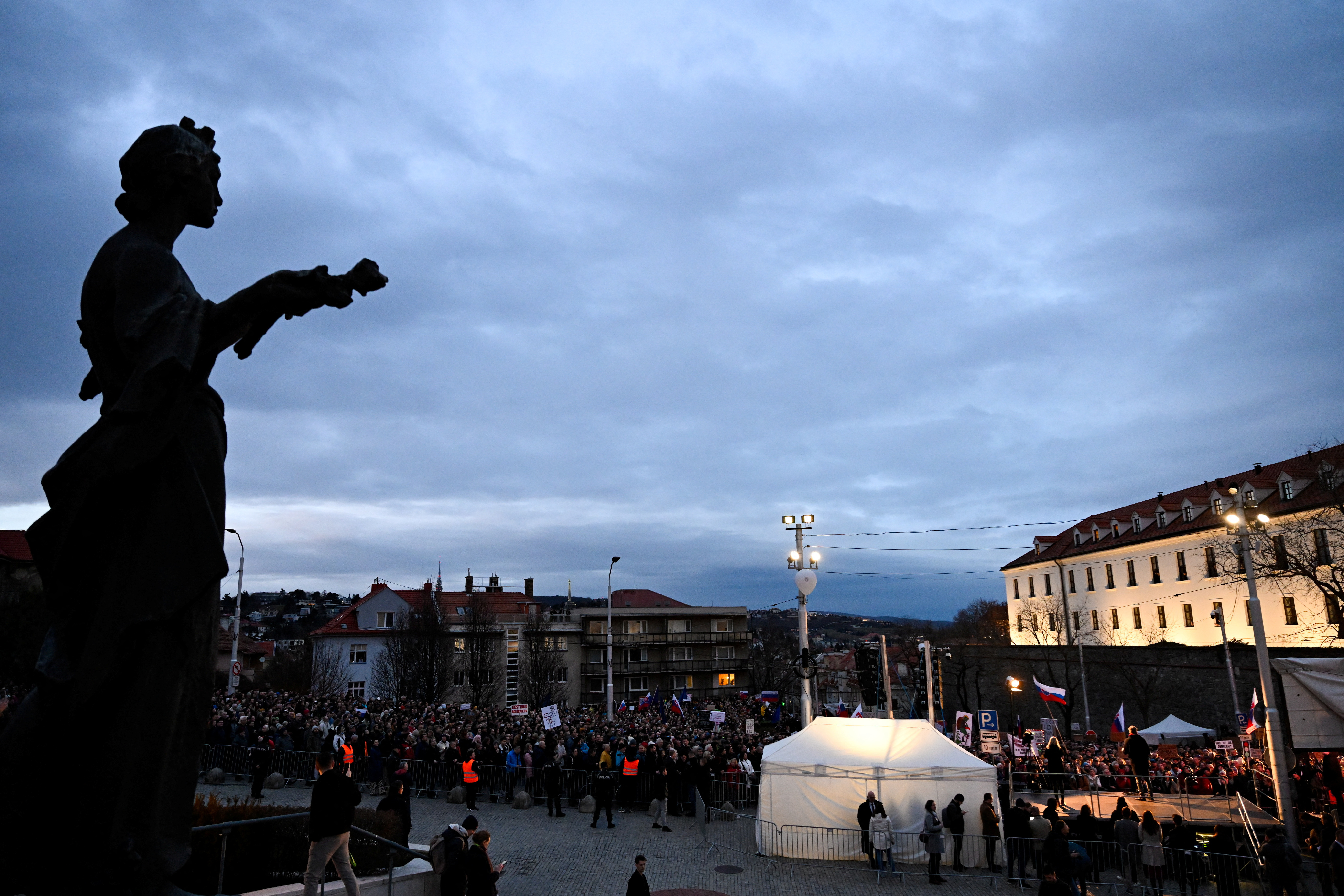 Demonstrators attend a protest against the government's proposal to cancel a branch of prosecution, in Bratislava