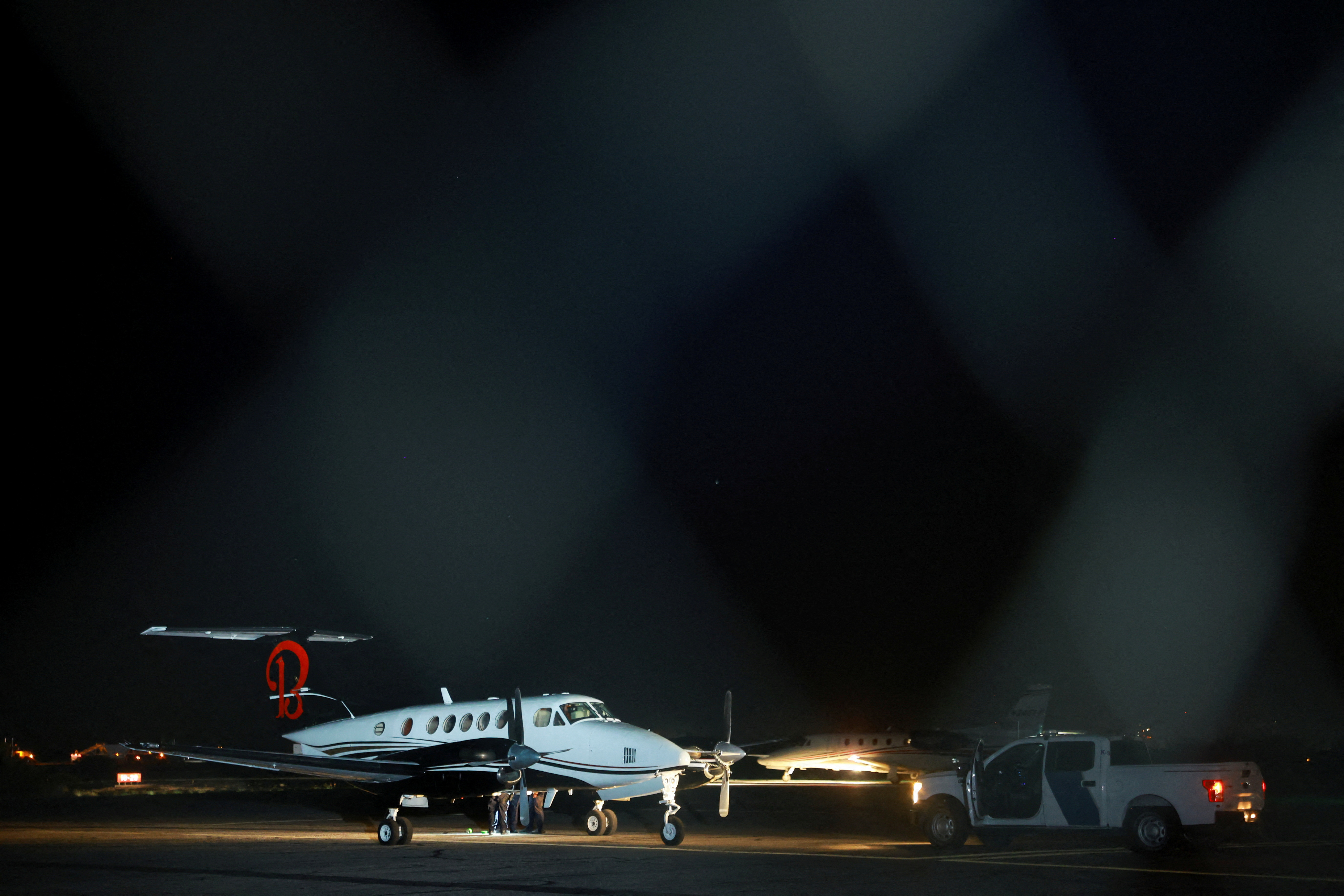 FILE PHOTO: A plane believed to have carried Mexican drug lord Mexican drug lord Ismael "El Mayo" and Joaquin Guzman Lopez arrested in El Paso, is seen in Santa Teresa