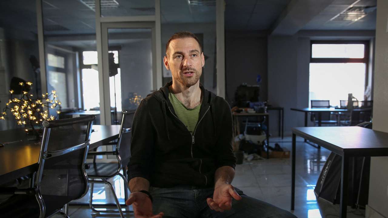 Russian political activist Grigory Sverdlin attends an interview with Reuters in Tbilisi