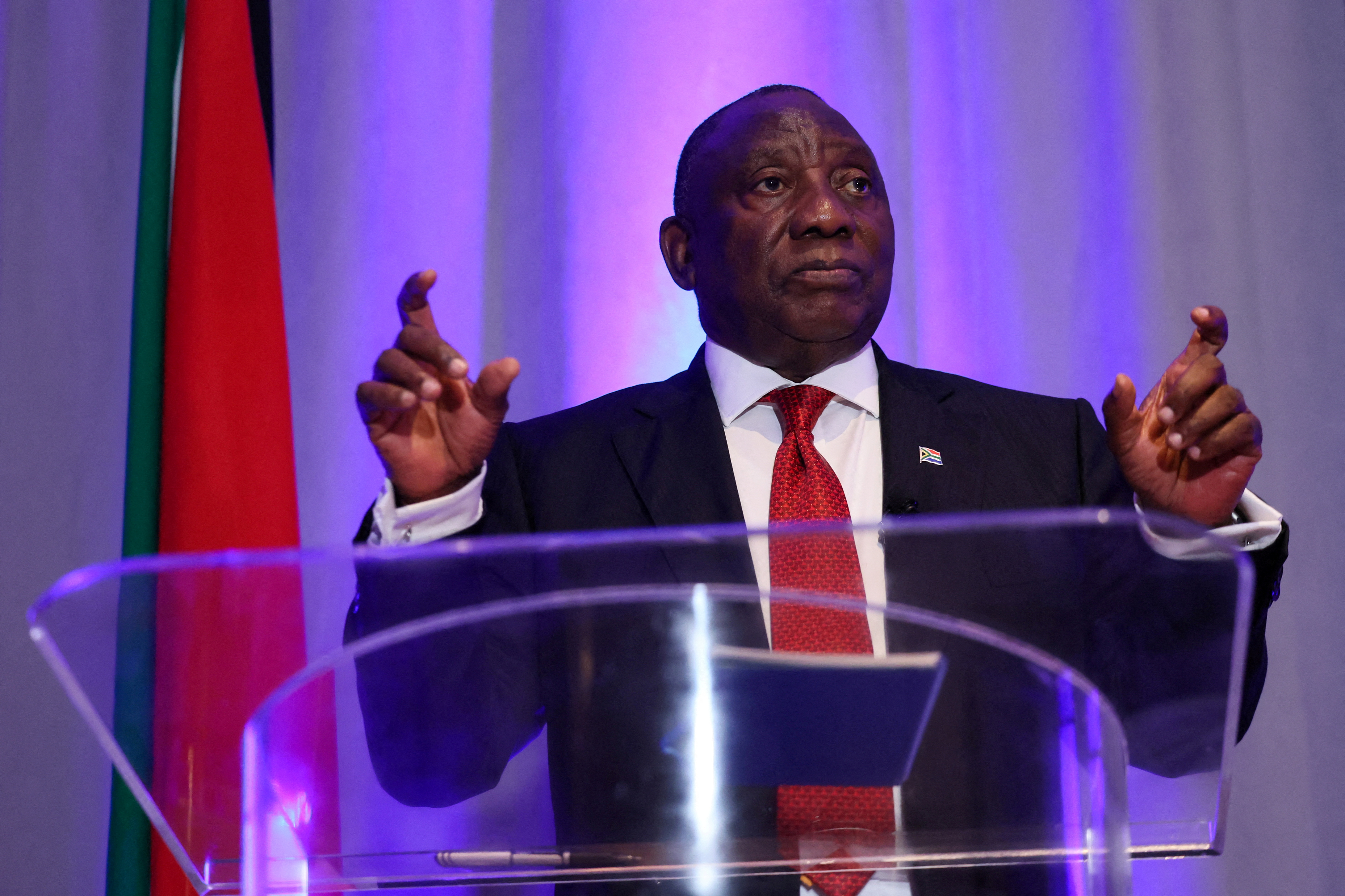 FILE PHOTO: South African President Ramaphosa attends a press conference in Washington