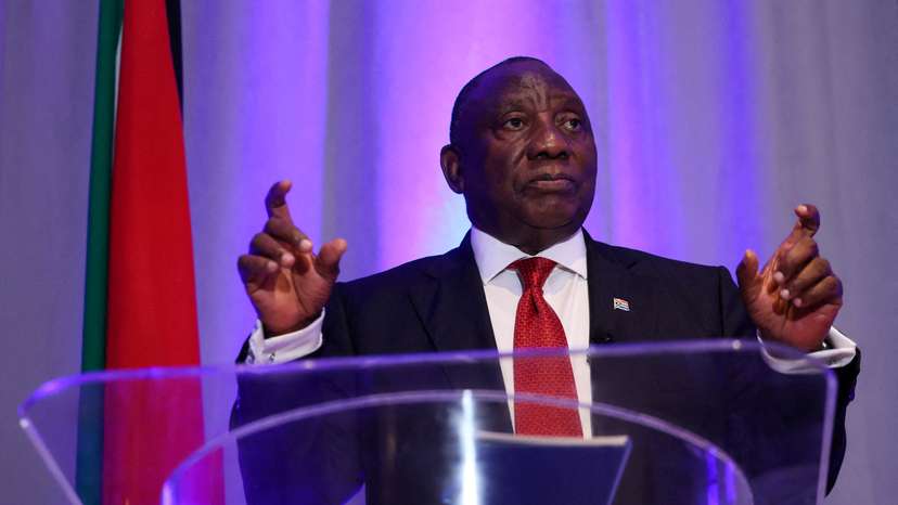 FILE PHOTO: South African President Ramaphosa attends a press conference in Washington