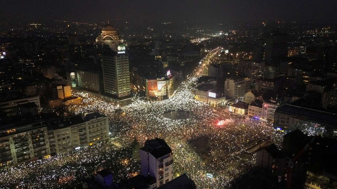 FILE PHOTO: Protest over the fatal November 2024 Novi Sad railway station roof collapse, in Belgrade