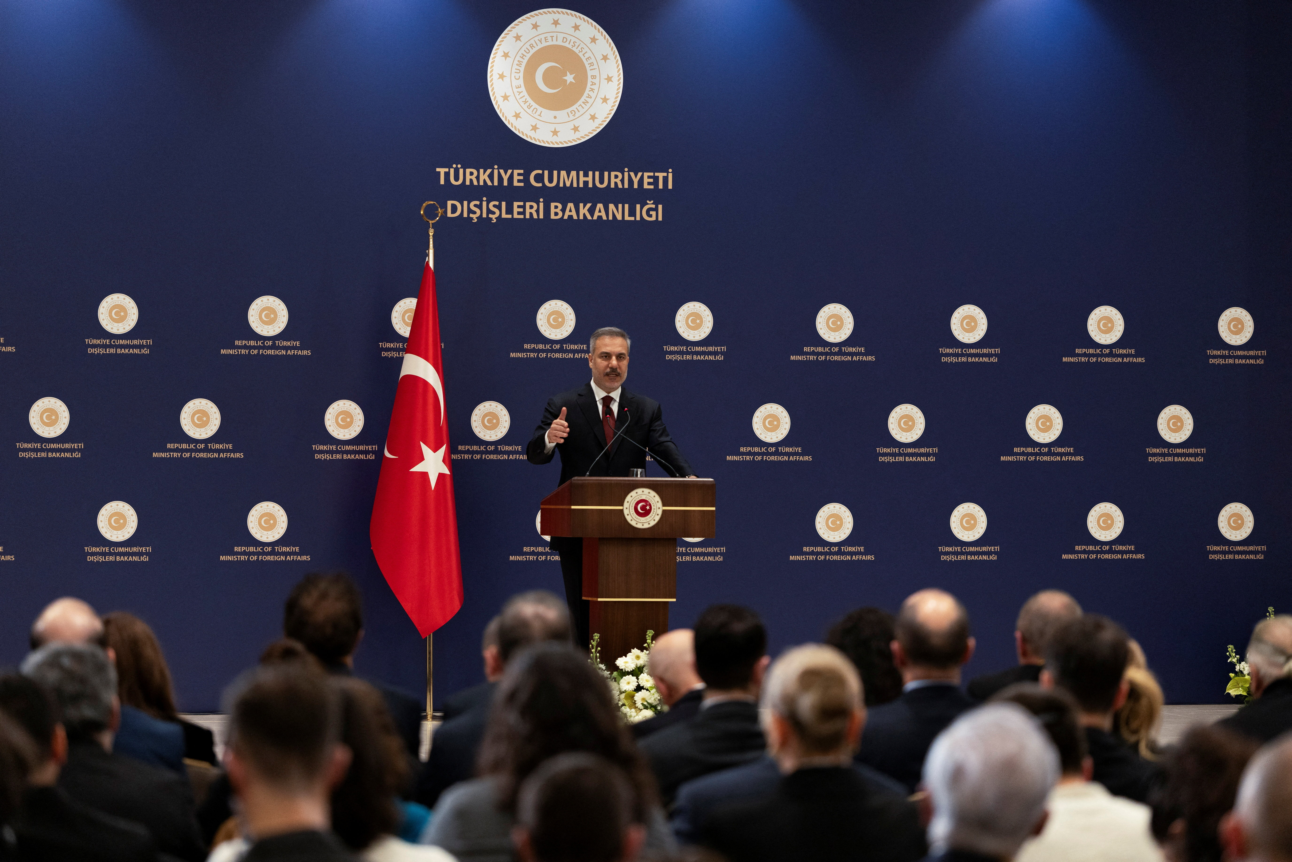 Turkish Foreign Minister Hakan Fidan speaks during a press conference in Istanbul