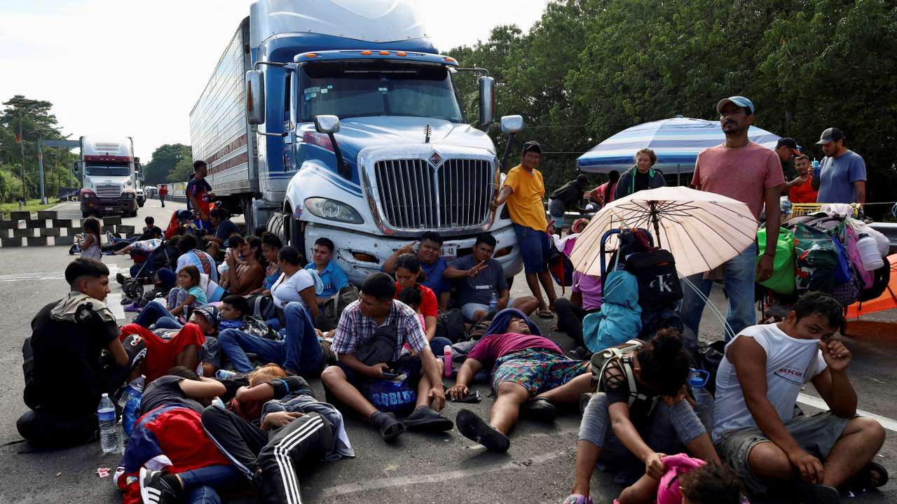 FILE PHOTO: Migrants protest as they attempt to reach the U.S. border, in Huixtla
