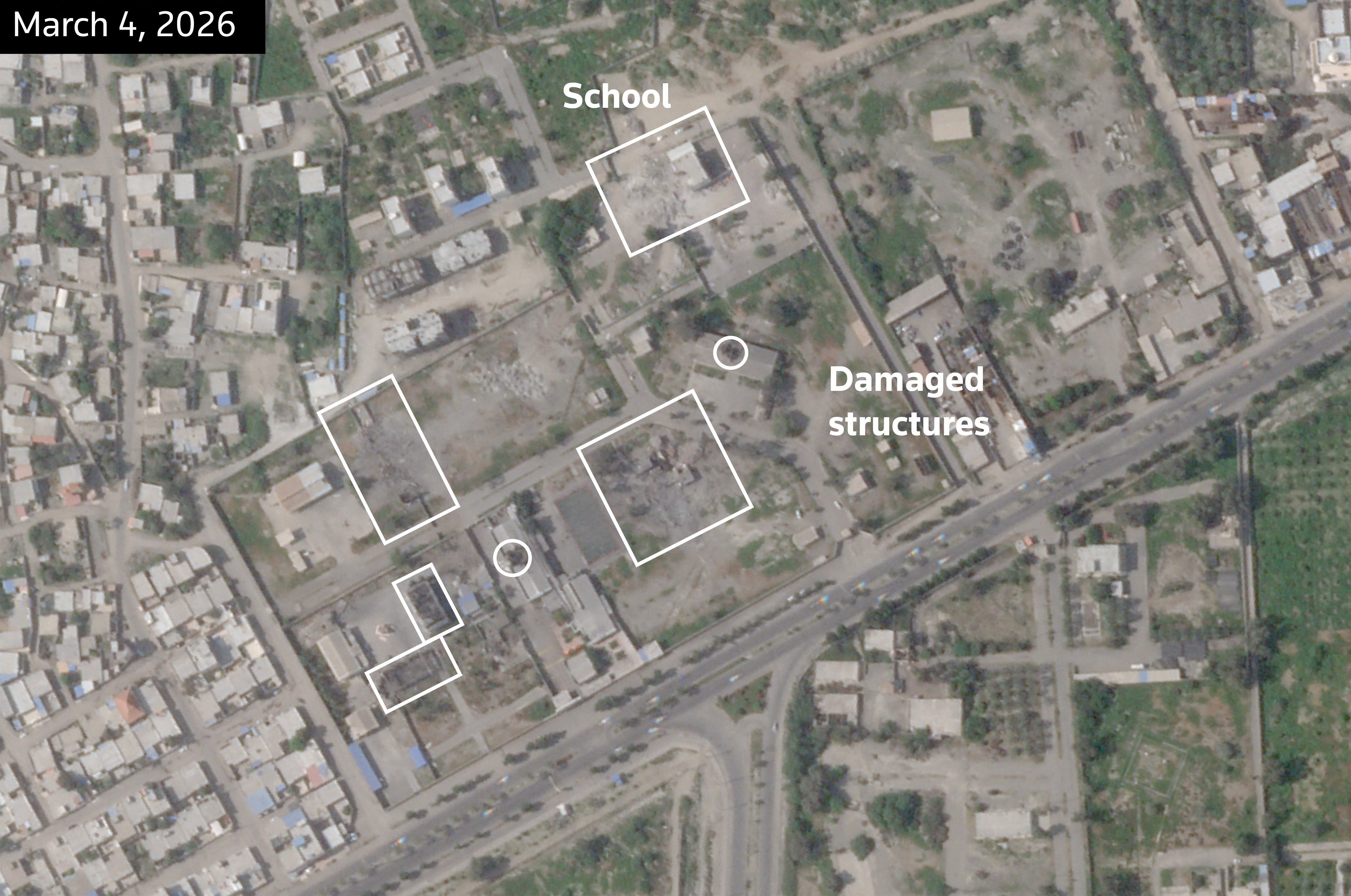 A satellite image, annotated by Reuters, shows the Shajareh Tayyebeh girls' school and other structures damaged after being struck, amid the U.S.-Israeli conflict with Iran, in Minab