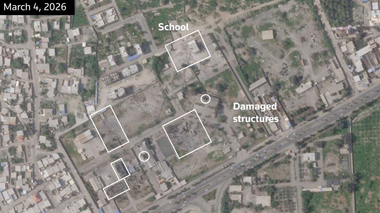A satellite image, annotated by Reuters, shows the Shajareh Tayyebeh girls' school and other structures damaged after being struck, amid the U.S.-Israeli conflict with Iran, in Minab