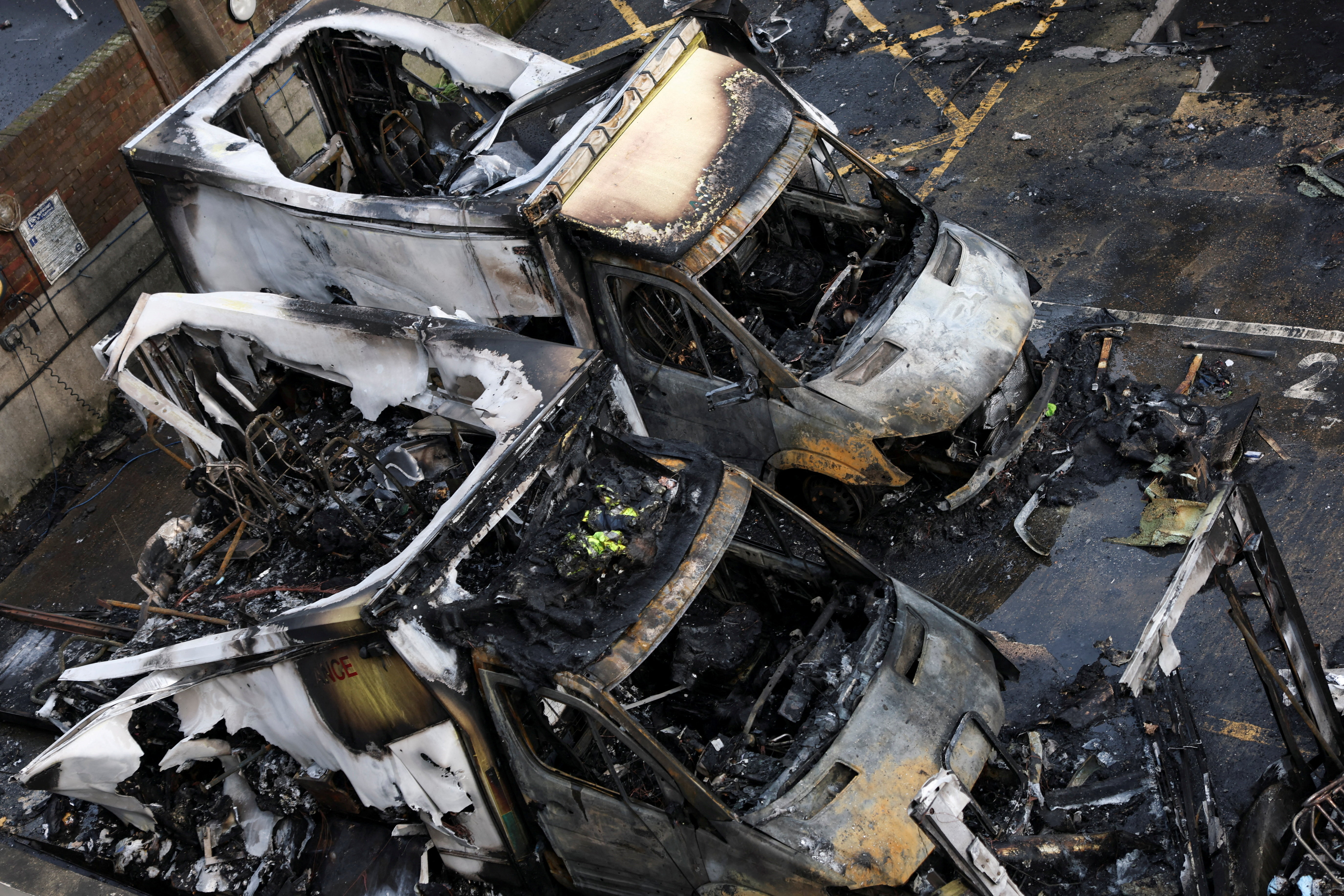 Charred remains of ambulances belonging to Hatzola, a Jewish community organisation, which were set on fire in northwest London