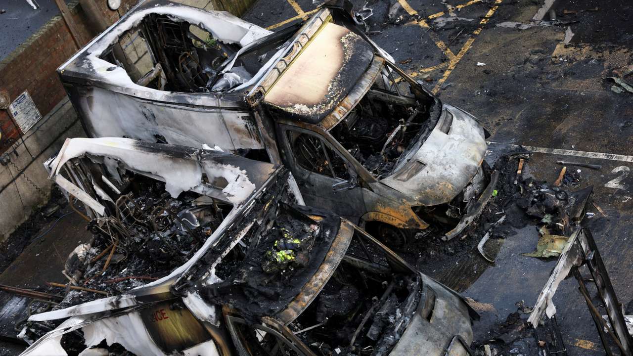 Charred remains of ambulances belonging to Hatzola, a Jewish community organisation, which were set on fire in northwest London