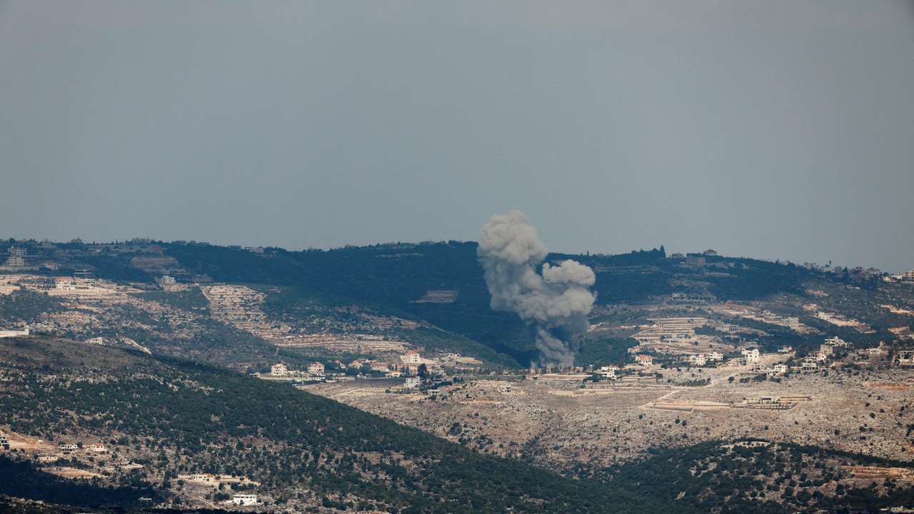 Smoke rises on the Lebanese side of the border between Israel and Lebanon after an Israeli airstrike, as seen from northern Israel