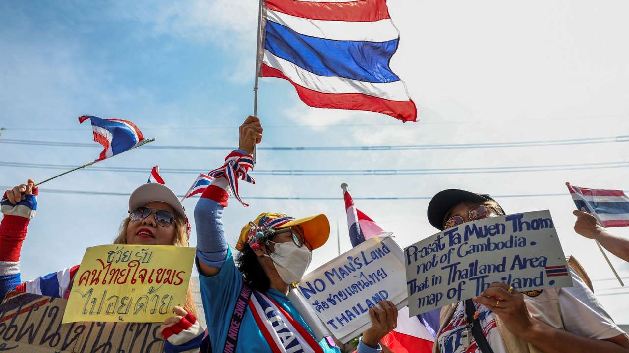 Royalist activists protest in front of the Royal Embassy of Cambodia, following a recent clash at the Thailand-Cambodia border on May 28, 2025, in Bangkok