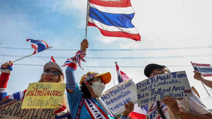 Royalist activists protest in front of the Royal Embassy of Cambodia, following a recent clash at the Thailand-Cambodia border on May 28, 2025, in Bangkok