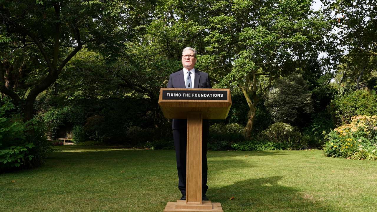 British Prime Minister Sir Keir Starmer speaks at the Rose Garden at 10 Downing Street, in London
