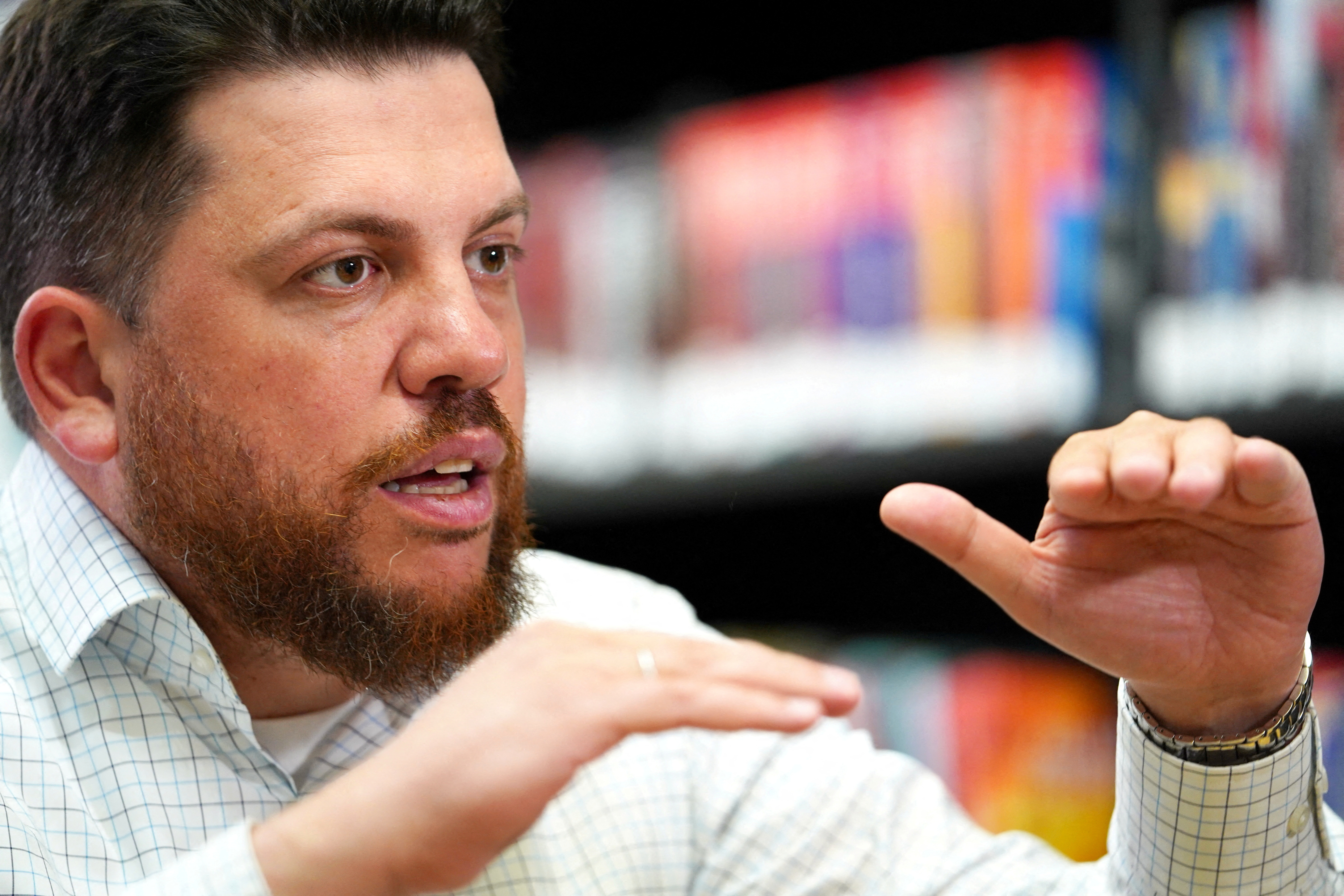 FILE PHOTO: Leonid Volkov speaks during an interview in Vilnius