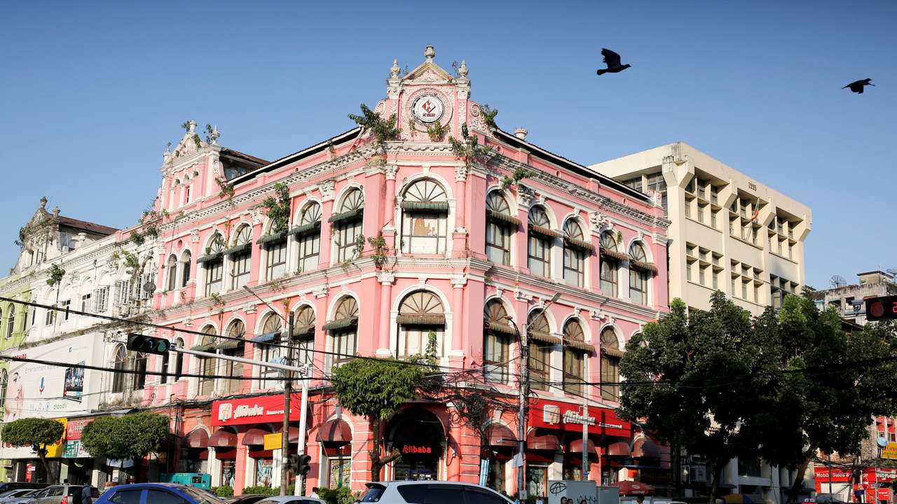 Picture shows a general view of a colonial building located at the corner of Pansodan road and Maha Bandula road in Yangon