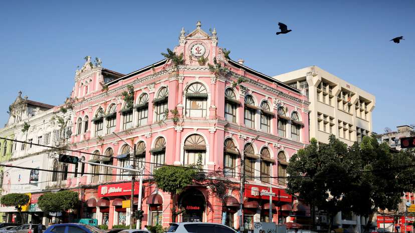 Picture shows a general view of a colonial building located at the corner of Pansodan road and Maha Bandula road in Yangon