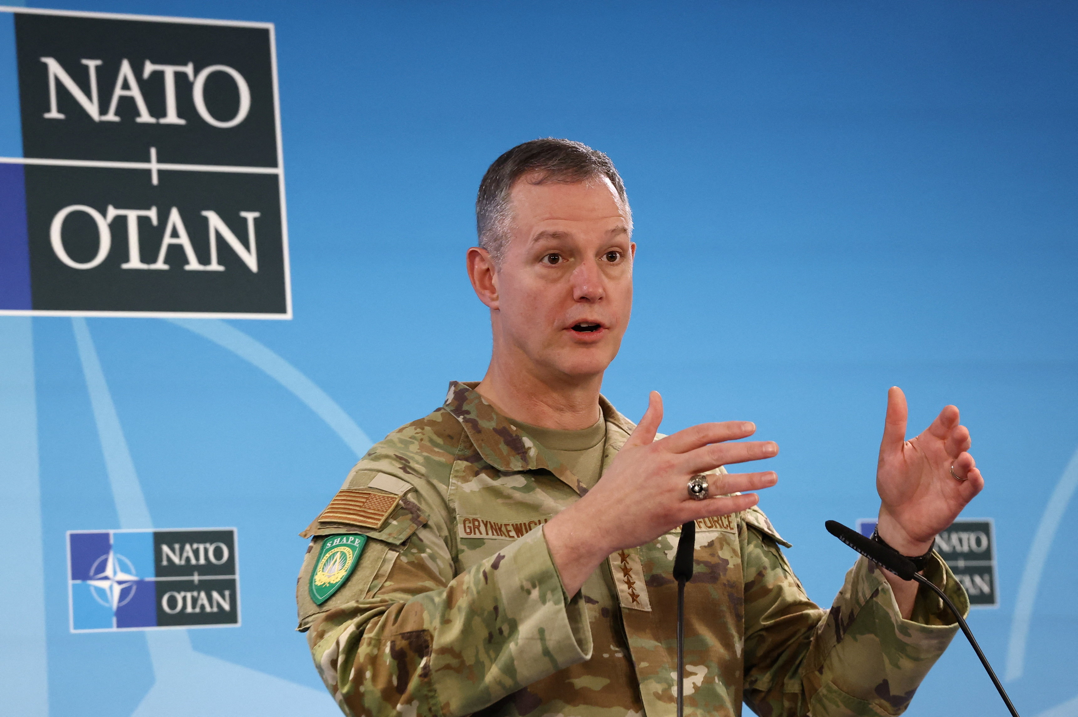 NATO Supreme Allied Commander Europe (SACEUR) General Alexus Grynkewich holds a press conference at the SHAPE, in Casteau