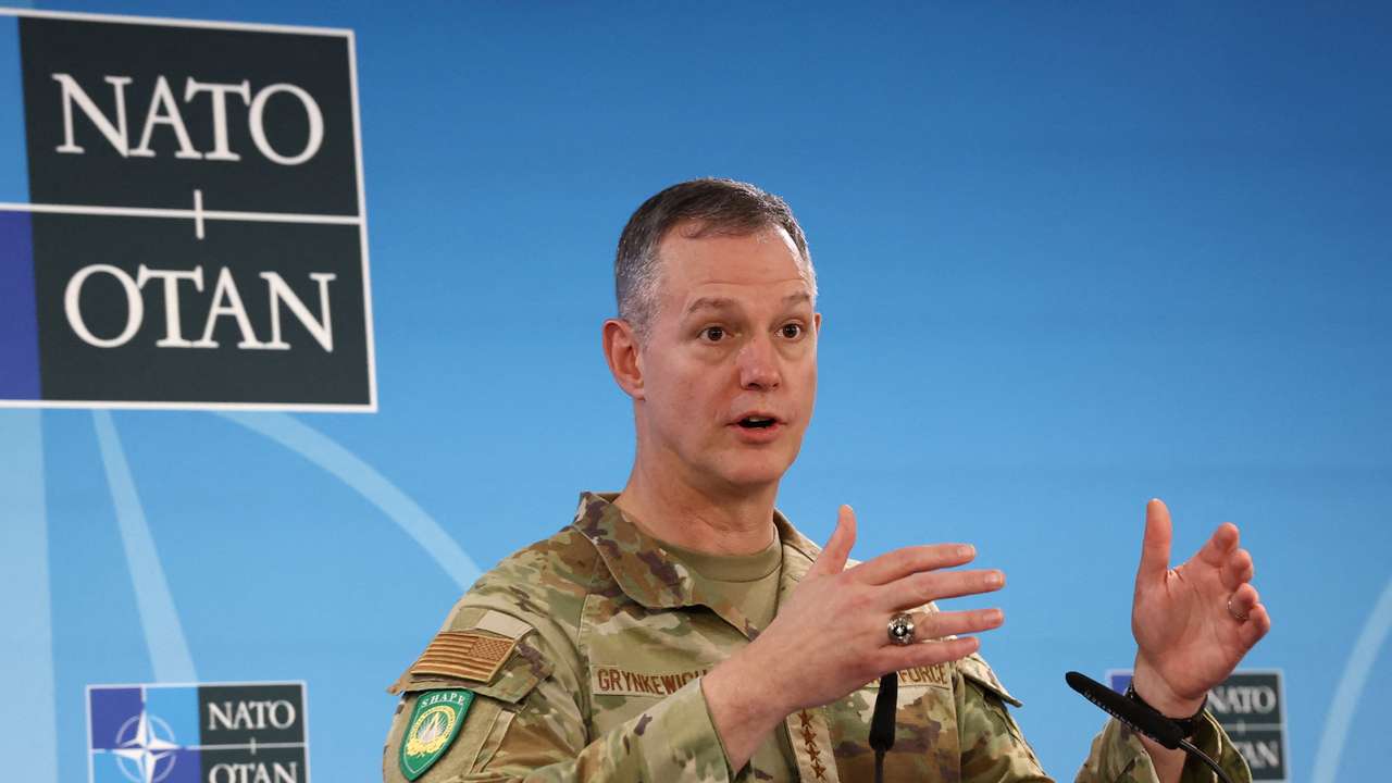 NATO Supreme Allied Commander Europe (SACEUR) General Alexus Grynkewich holds a press conference at the SHAPE, in Casteau