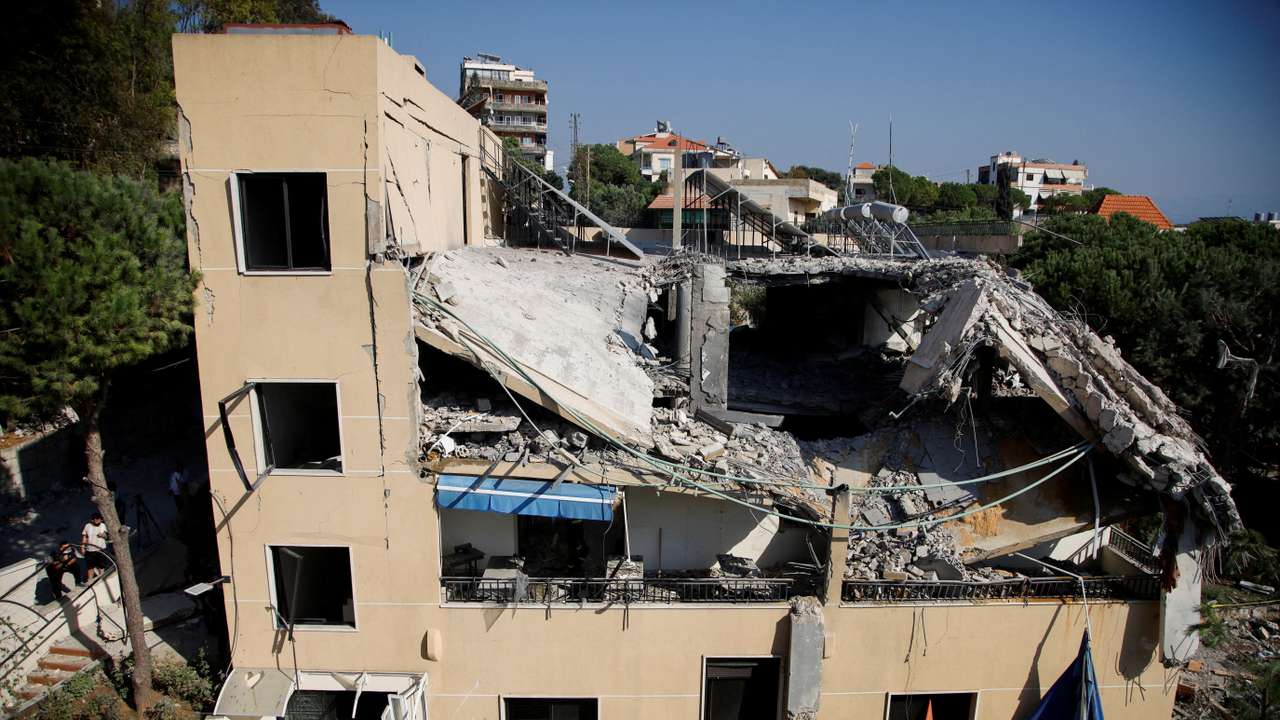 A view shows a damaged building in the aftermath of an Israeli strike that hit a building, amid ongoing cross-border hostilities between Hezbollah and Israeli forces, in Wardaniyeh