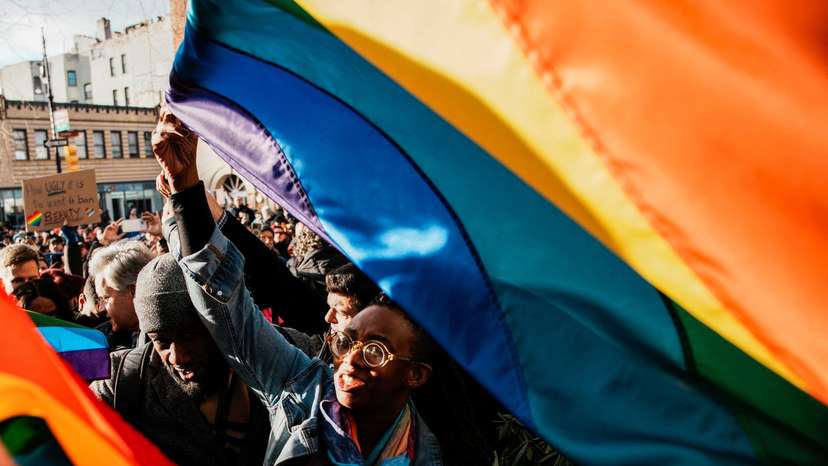 People gather at the Stonewall National Monument after authorities removed the Pride flag in New York