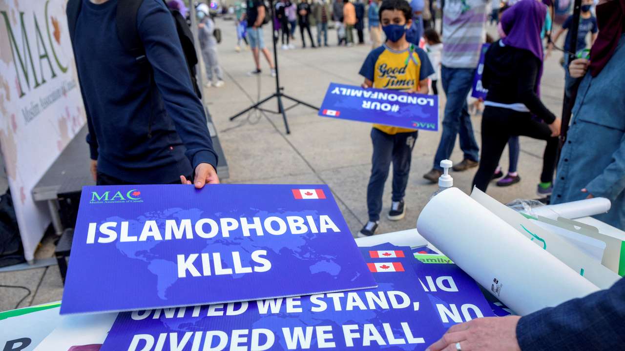 FILE PHOTO: People attend a rally to highlight Islamophobia in Toronto
