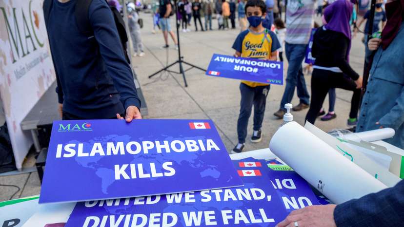 FILE PHOTO: People attend a rally to highlight Islamophobia in Toronto