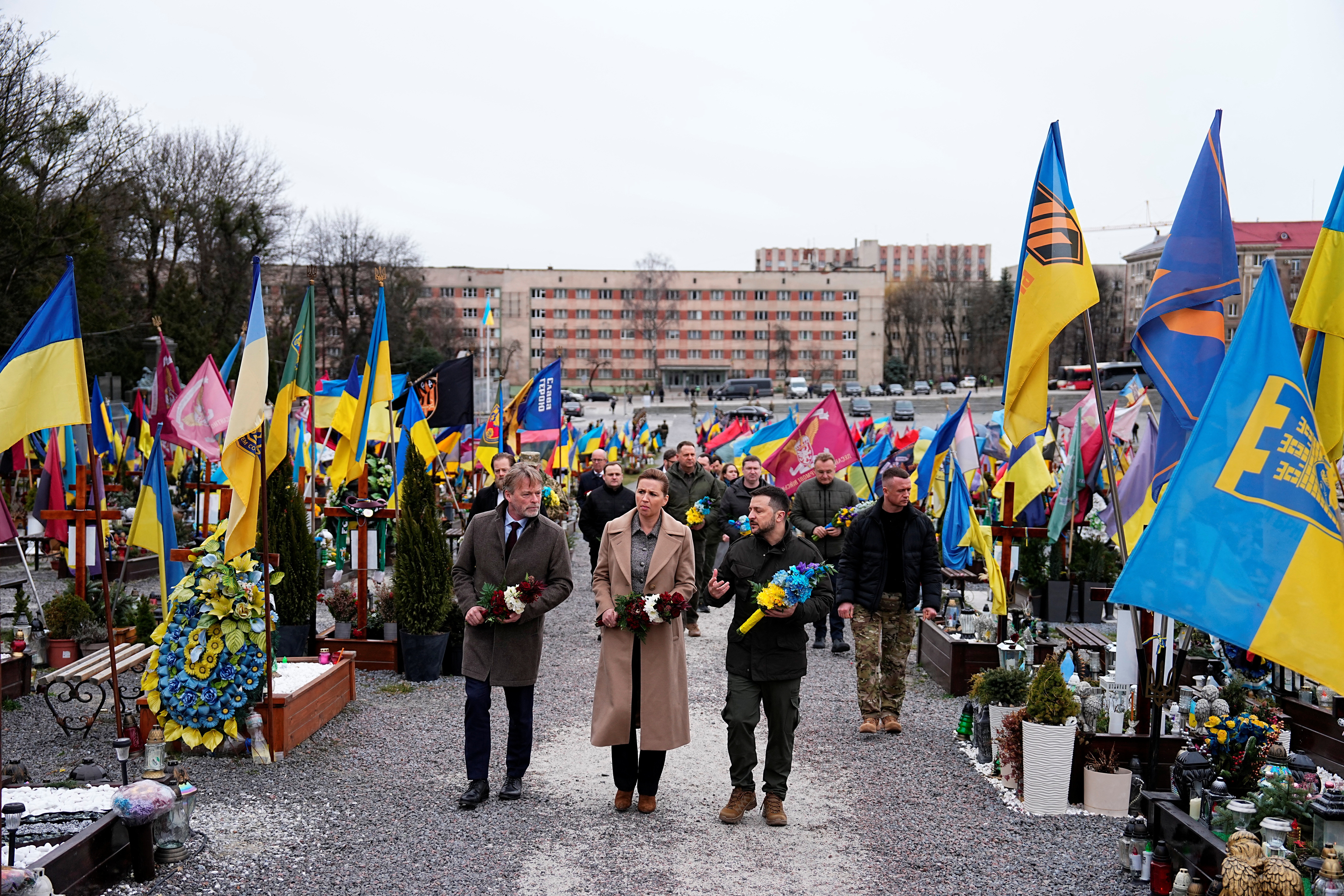 Denmark's Prime Minister Mette Frederiksen and her husband Bo Tengberg visit Ukraine
