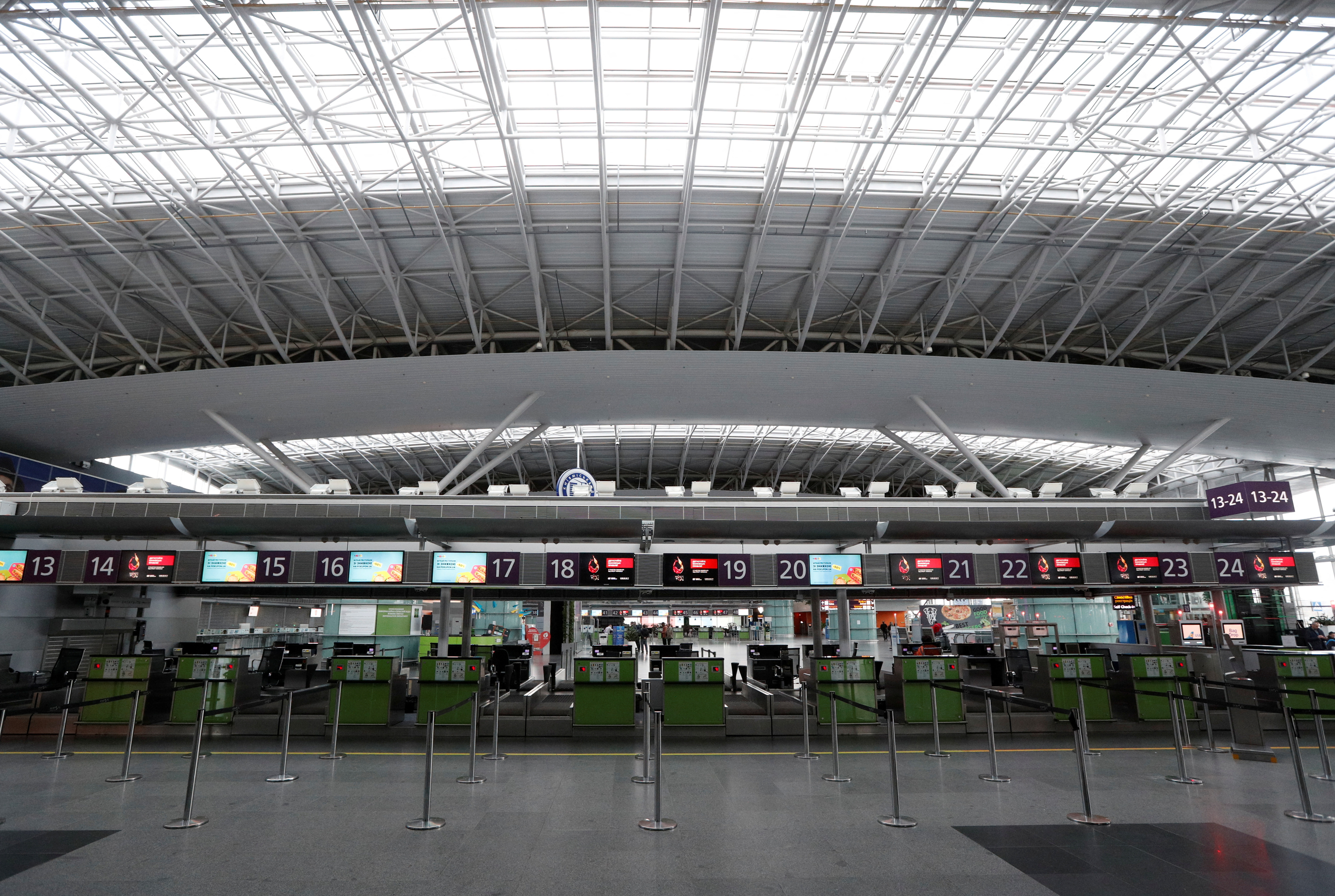FILE PHOTO: An empty check-in area is seen at the Boryspil International Airport outside Kiev