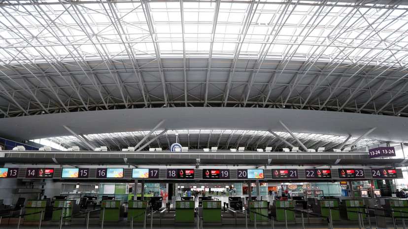 FILE PHOTO: An empty check-in area is seen at the Boryspil International Airport outside Kiev