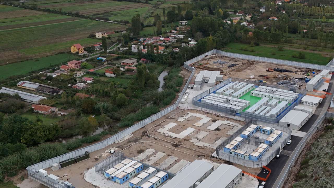 A drone view of the camp for illegal migrants who would be brought from Italy in Gjader