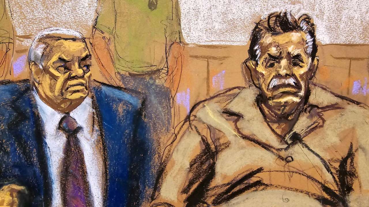 Accused Mexican former drug lord Ismael "El Mayo" Zambada sits with his attorney Frank Perez, at the courthouse in Brooklyn, New York