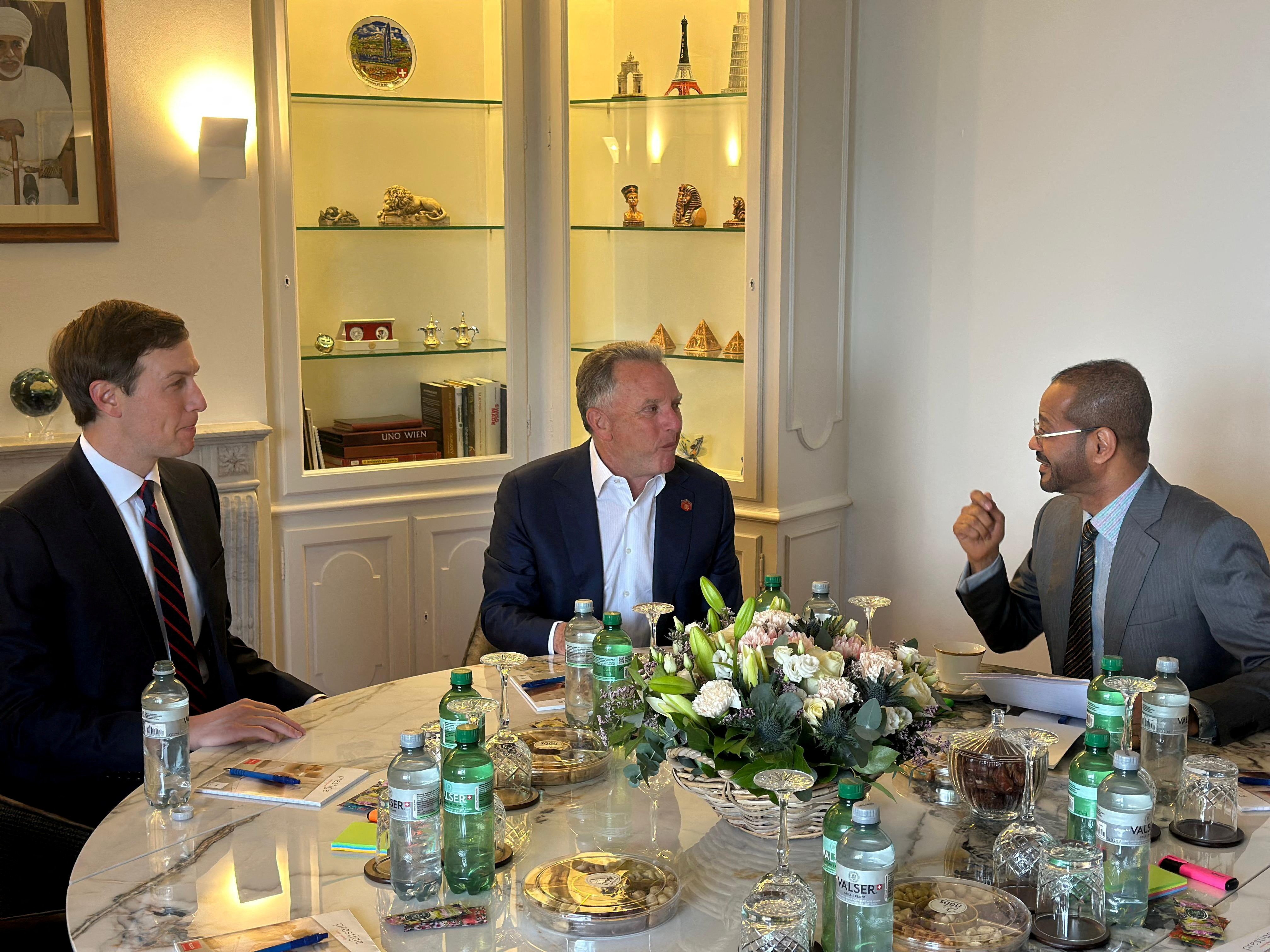 Oman's Foreign Minister Sayyid Badr Hamad Al Busaidi meets with U.S. Special Envoy Steve Witkoff and Jared Kushner, ahead of the indirect U.S.-Iran talks, in Geneva