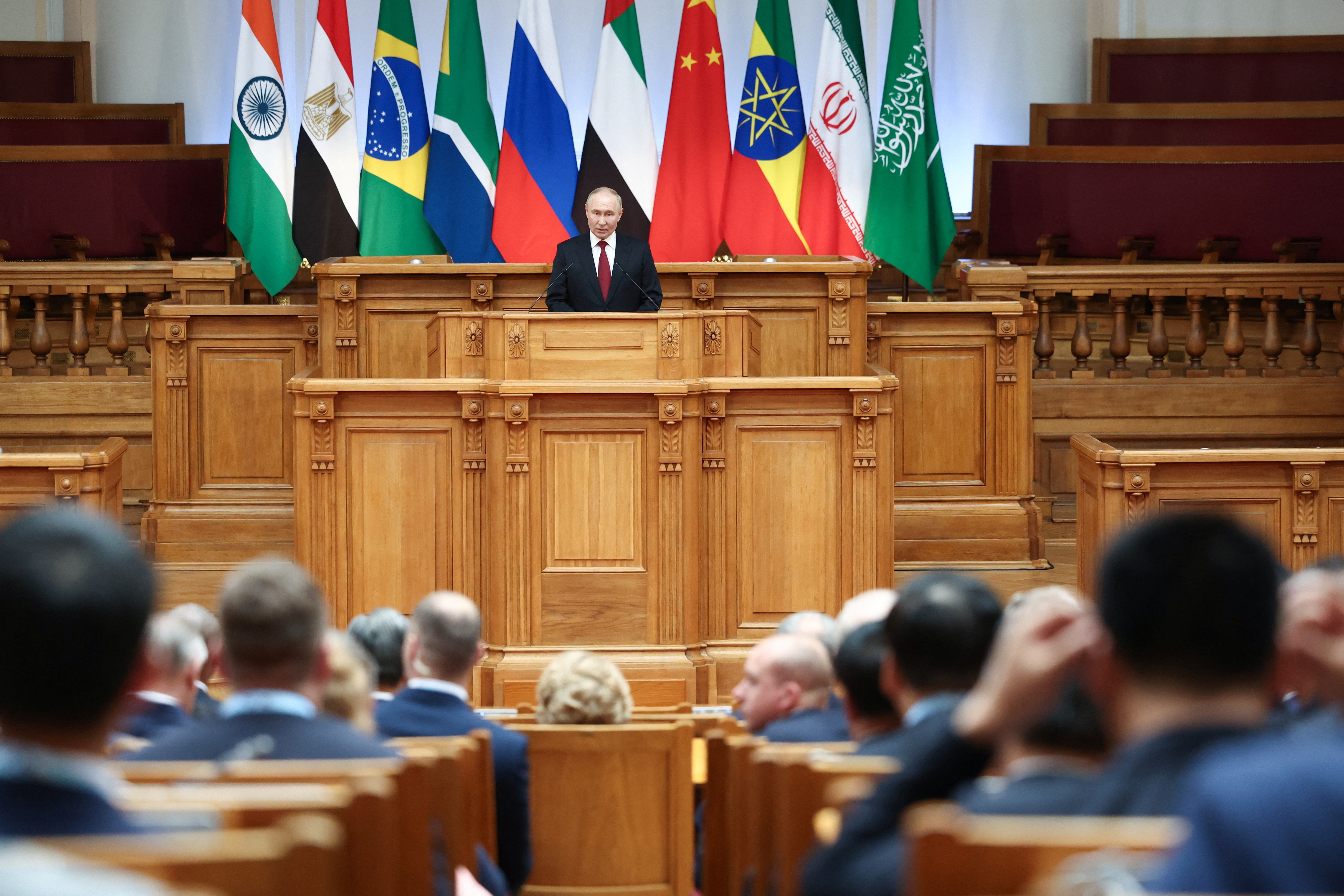 Russian President Vladimir Putin speaks at the BRICS Parliamentary Forum in Saint Petersburg