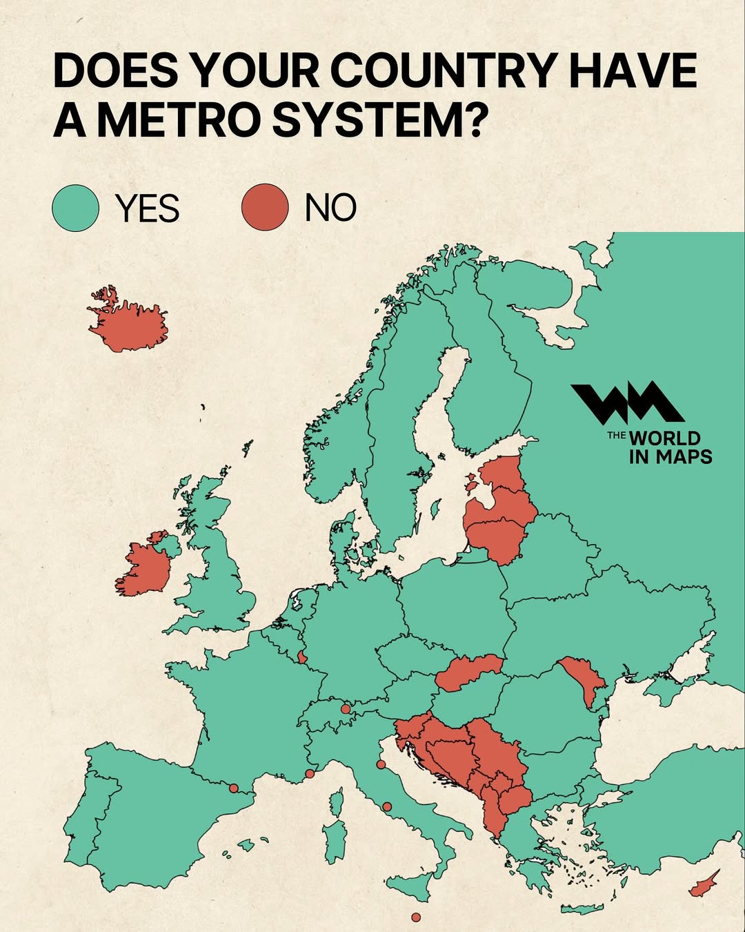 Map shows which European countries have metro systems and which do not. Unsurprisingly, most Eur