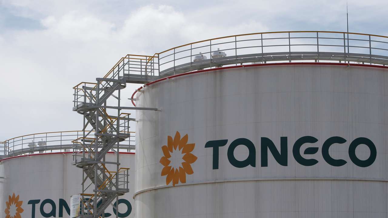 The logo of Taneco are seen on tanks at its refinery complex, which is part of Russia's oil producer Tatneft group of companies, in Nizhnekamskin