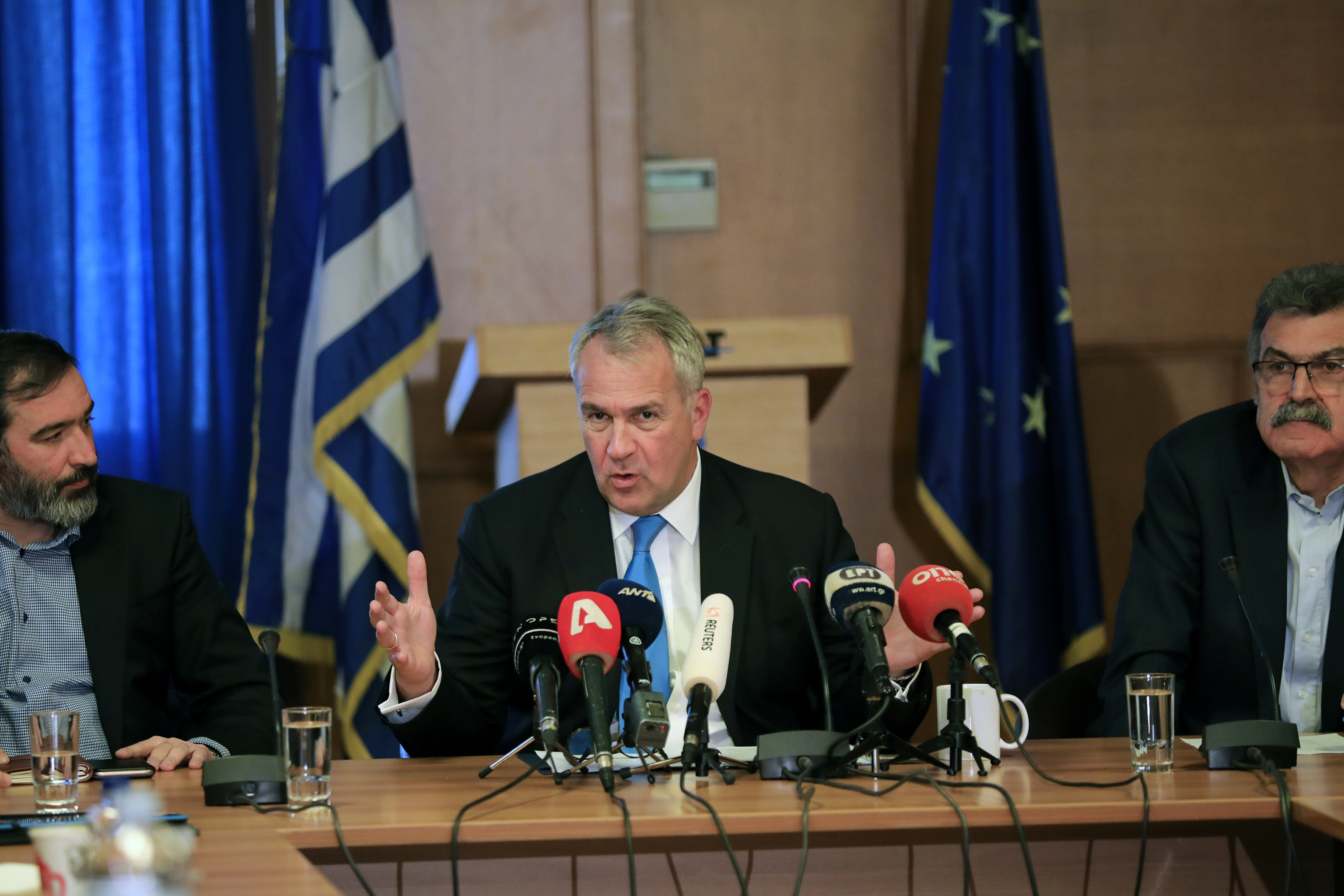 Greek Agriculture Minister Voridis addresses journalists during a news conference on the first reported case of African swine fever at a domestic breeding farm in northern Greece, in Athens