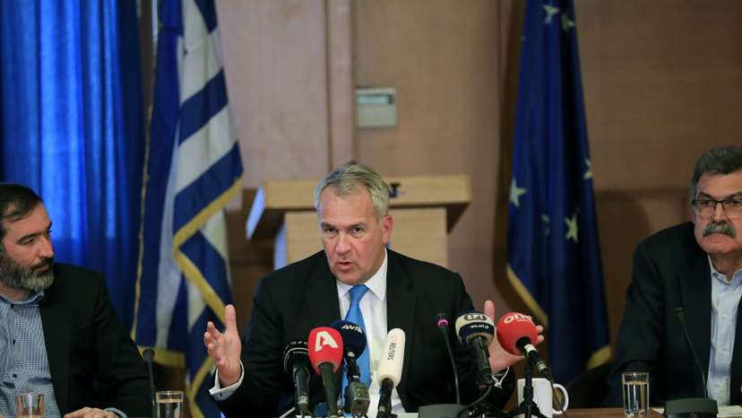 Greek Agriculture Minister Voridis addresses journalists during a news conference on the first reported case of African swine fever at a domestic breeding farm in northern Greece, in Athens