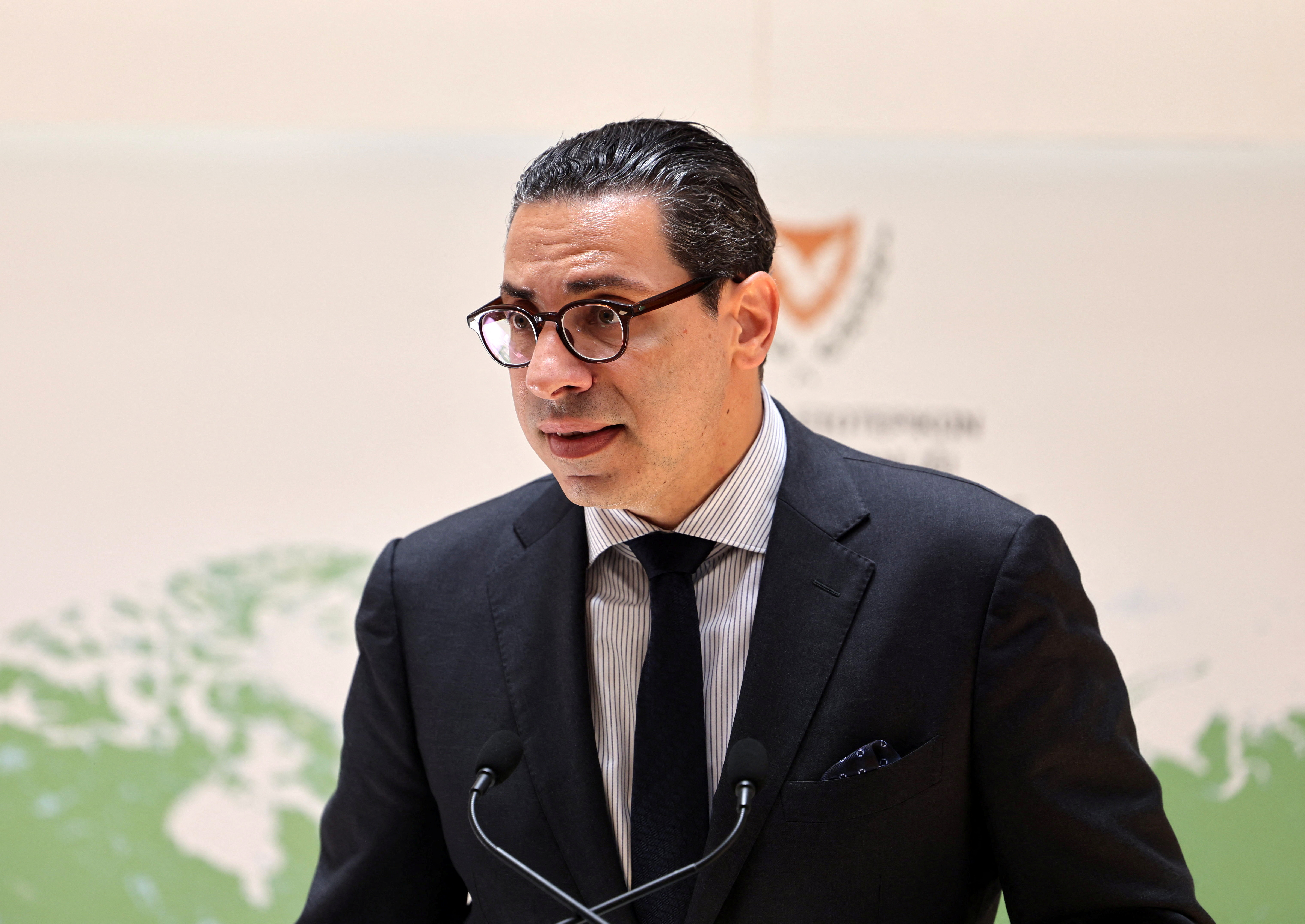 Cyprus Foreign Minister Constantinos Kombos and US ambassador Julie Fisher attend a press conference at the Foreign Ministry in Nicosia