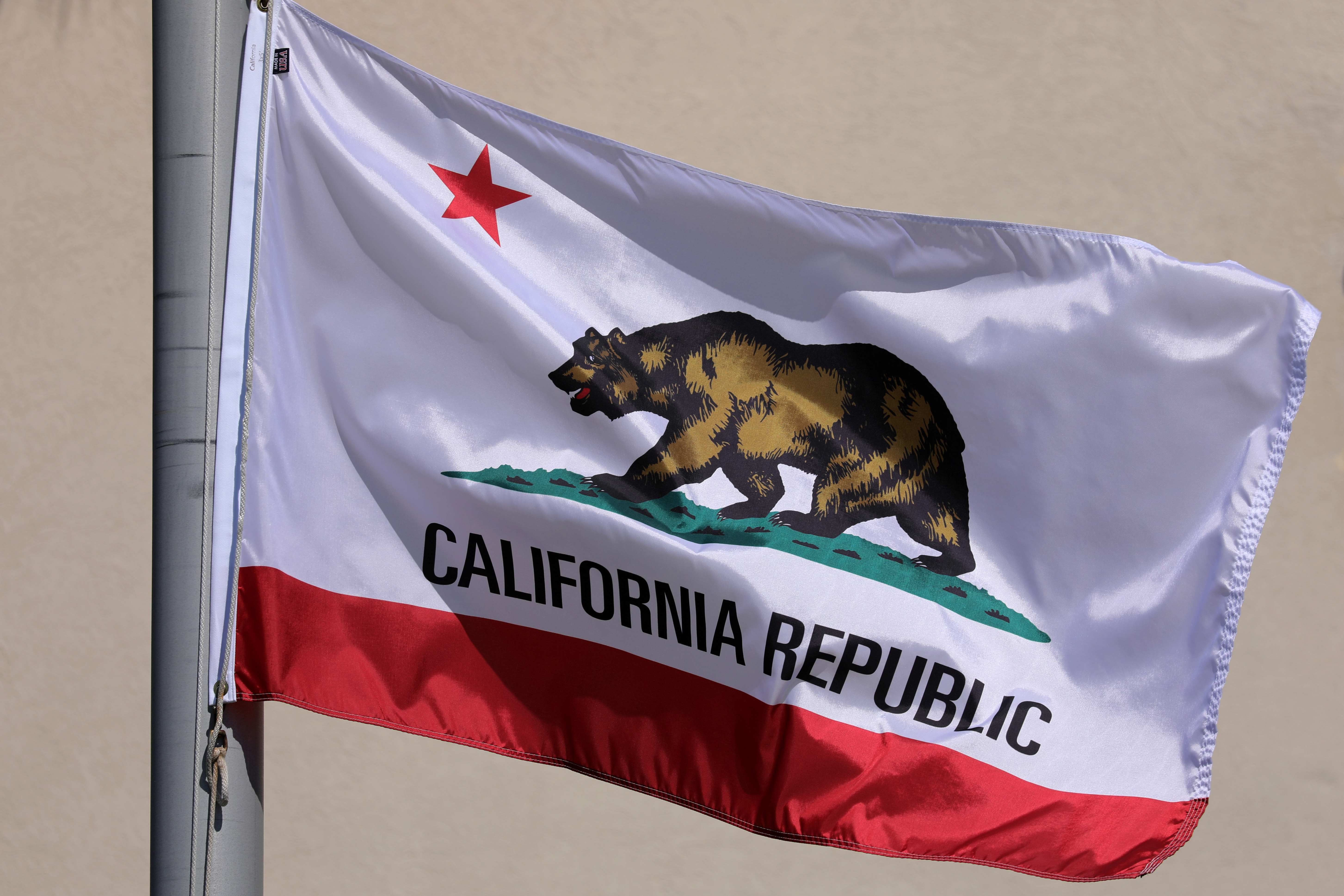 The state flag of California flies on a flag pole in San Diego