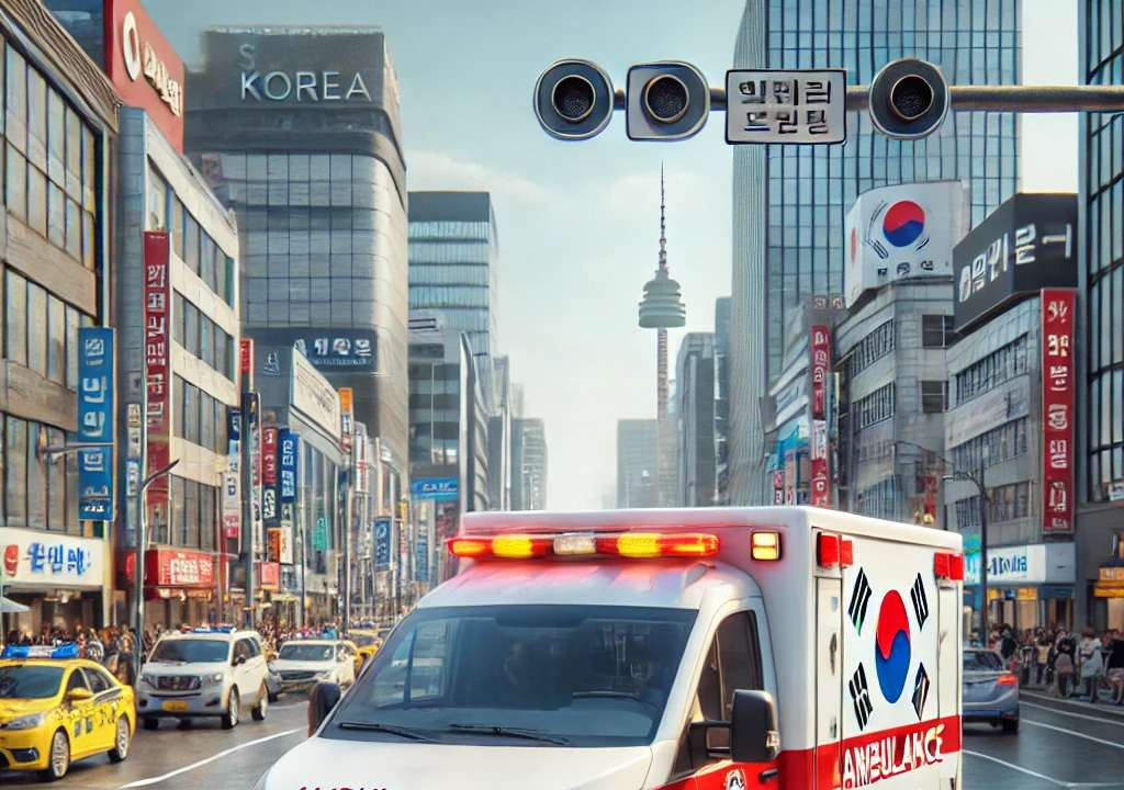 A realistic image of an ambulance in South Korea. The ambulance is white with red and yellow markings, featuring Korean text on the side