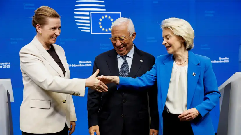 Denmark's Prime Minister Mette Frederiksen, European Council President Antonio Costa and European Commission President Ursula von der Leyen hold a press conference during a European Union leaders' summit, in Brussels