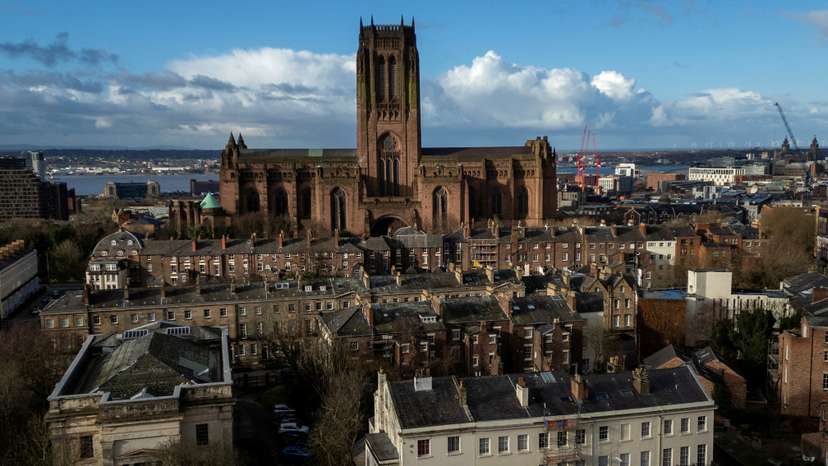 FILE PHOTO: A drone view shows the Anglican Cathedral in Liverpool