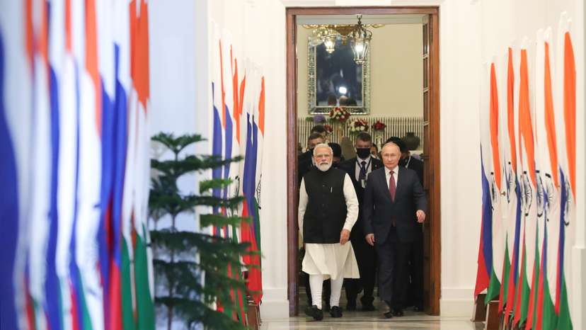 Russia's President Putin attends a meeting with India's Prime Minister Modi in New Delhi