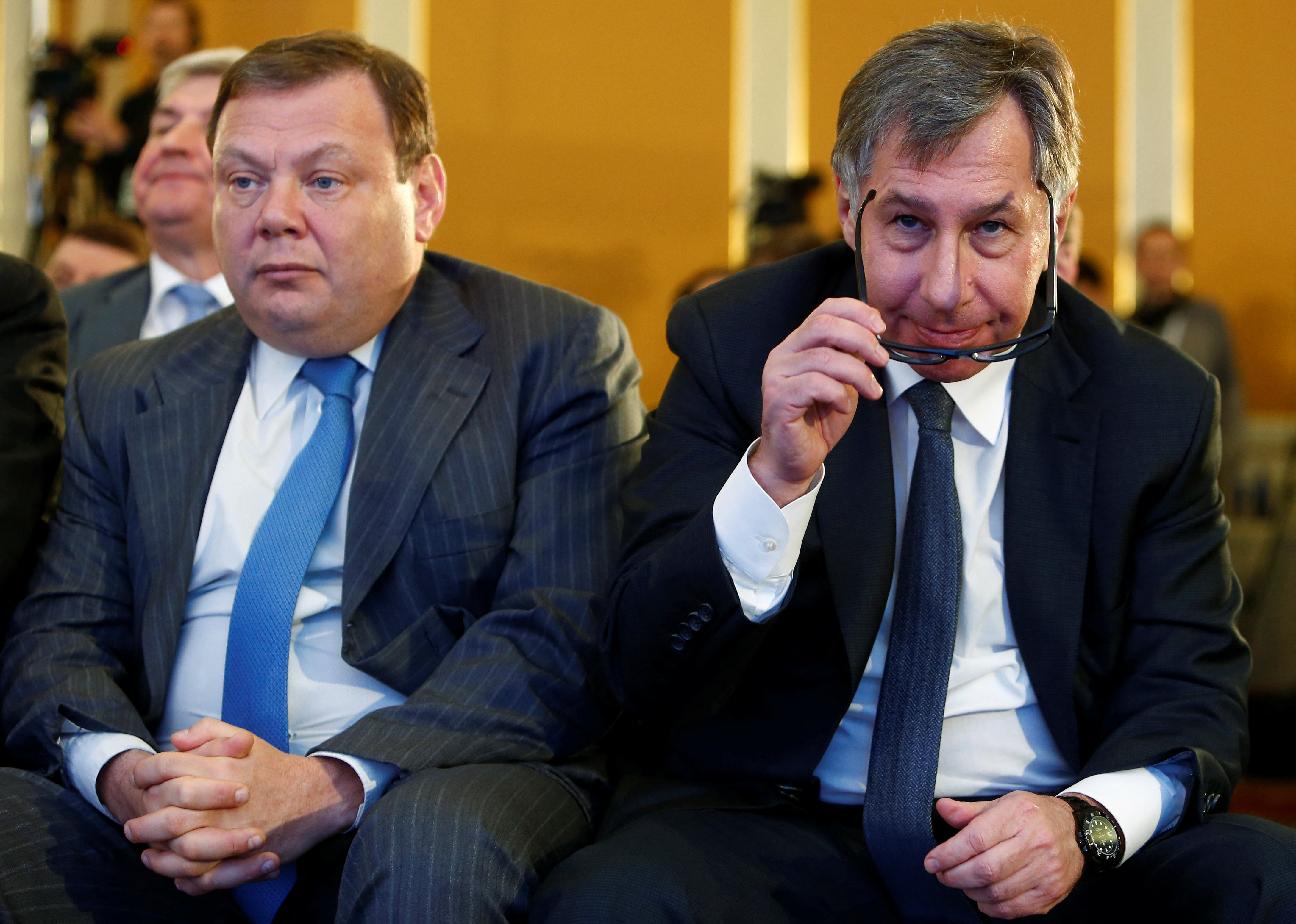 FILE PHOTO: Businessmen Petr Aven (R) and Mikhail Fridman attend the Week of Russian Business in  Moscow in 2017