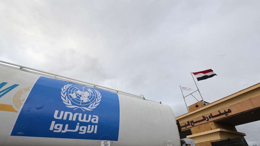 FILE PHOTO: UNRWA truck crosses into Egypt from Gaza at Rafah border crossing