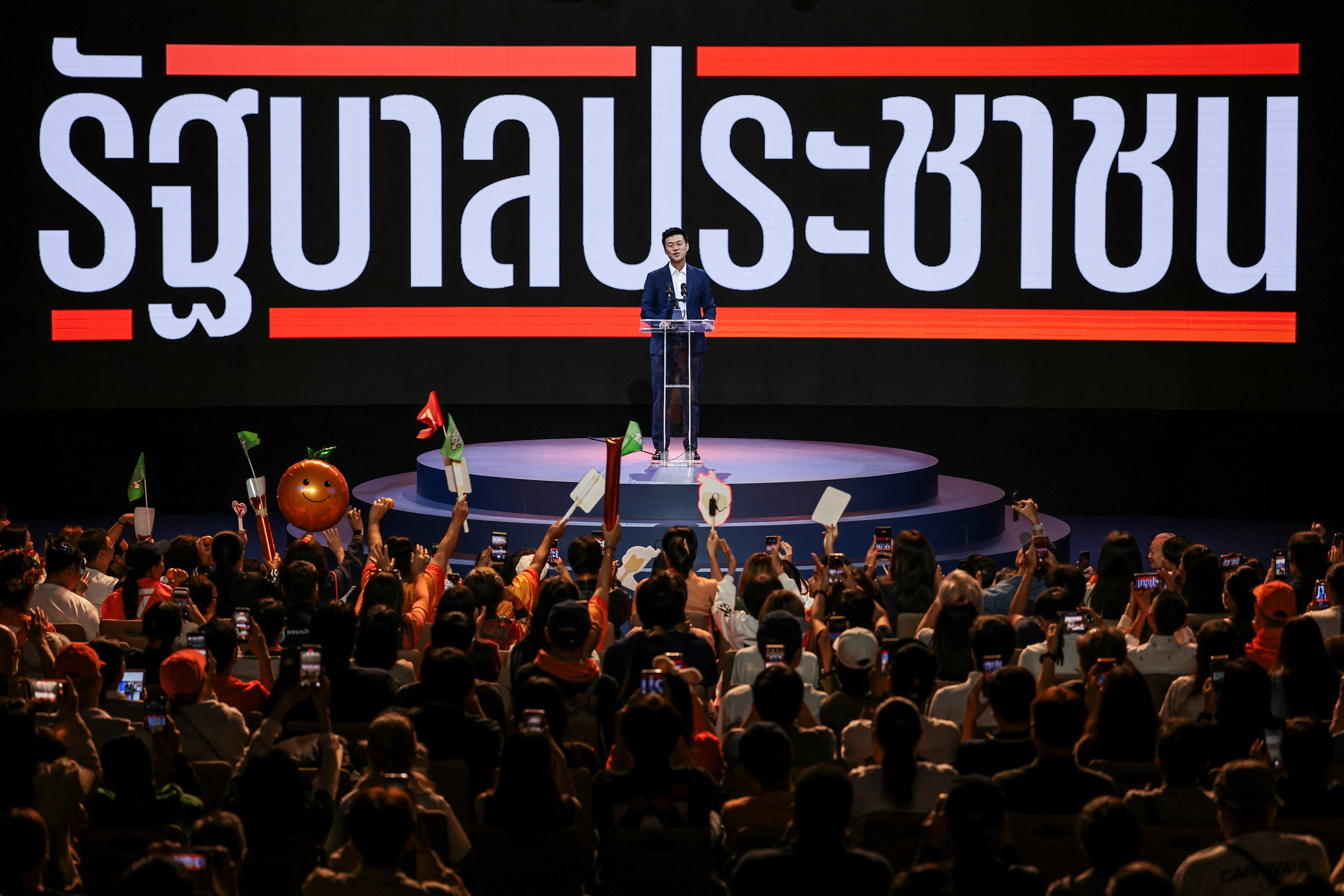People's Party PM candidate Natthaphong Ruengpanyawut attends a general election campaign rally in Bangkok