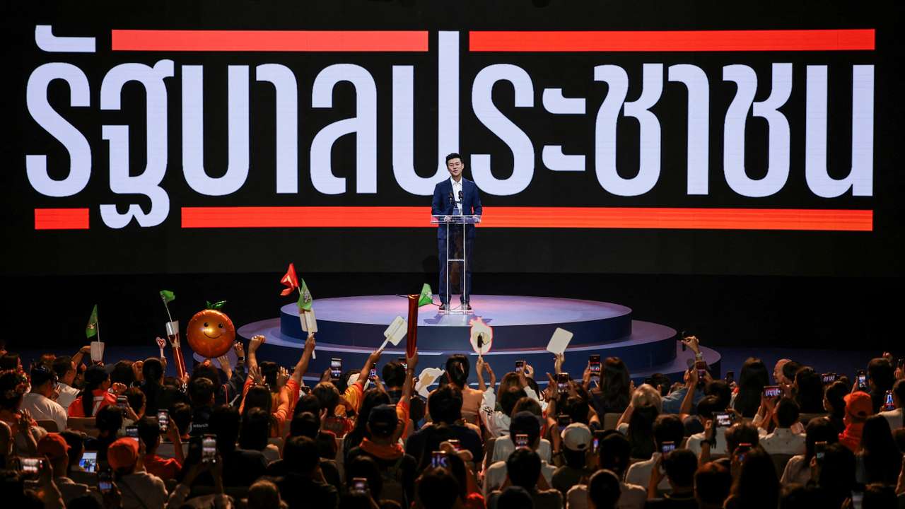 People's Party PM candidate Natthaphong Ruengpanyawut attends a general election campaign rally in Bangkok