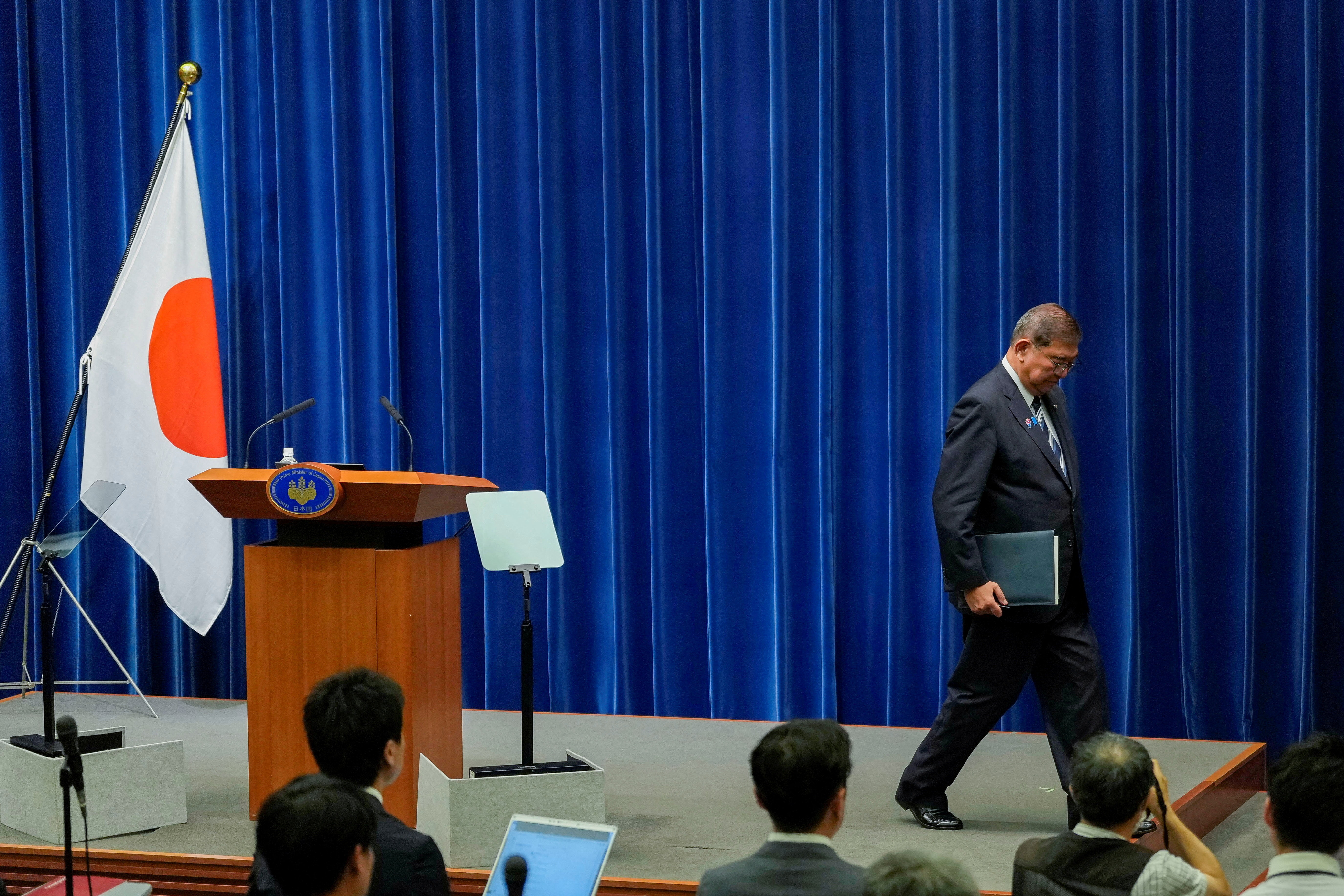 Japanese Prime Minister Shigeru Ishiba attends a press conference as he announces his resignation, in Tokyo